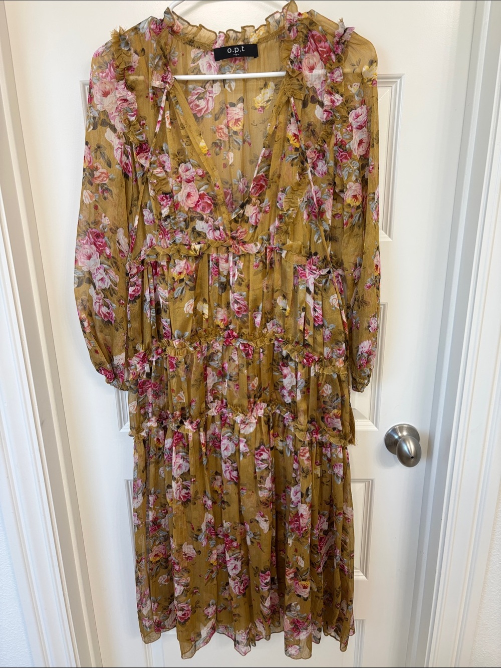 o.p.t Floral Ruffle Tiered Midi Dress in Mustard with Rose Print